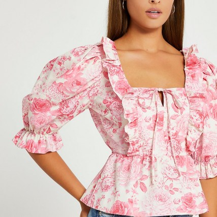 RIVER ISLAND Pink floral frill detail puff sleeve top / romantic ruffled tops