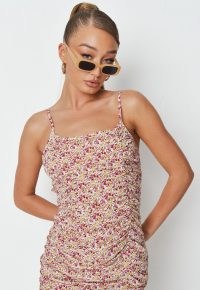 MISSGUIDED pink floral print ruched strappy mini dress / cami strap dresses / womens on trend summer fashion