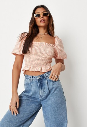 MISSGUIDED pink gingham shirred blouse ~ womens on trend tops ~ women’s cropped gathered bodice blouses ~ check print puff sleeve crop hem top