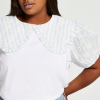 RIVER ISLAND Plus white gingham floral collar blouse / womens romantic plus size tops / frill trin tops