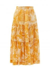 ZIMMERMANN Mae palm-print tiered yellow cotton midi skirt / leaf prints / womens summer skirts