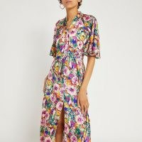 RIVER ISLAND Purple floral tie front detail midi dress / angel sleeve dresses