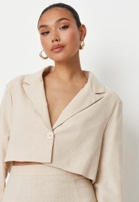 sarah ashcroft x missguided cream co ord linen mix tailored oversized crop blazer ~ womens single button crop hem blazers ~ neutral summer jackets