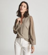 REISS SLOANE SEMI SHEER SLEEVE TOP LIGHT GREEN ~ semi sheer blouson sleeve tops