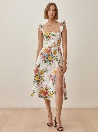 REFORMATION Spaulding Linen Dress in Chantilly / floral square neck ruffle trim dresses / thigh high split