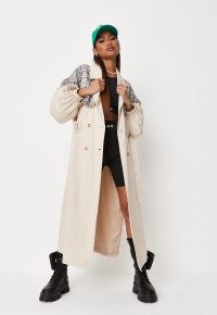 MISSGUIDED stone check mix balloon sleeve trench coat ~ longline belted coats ~ womens on trend outerwear