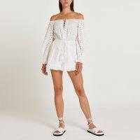 River Island White broderie playsuit | womens cotton off the shoulder summer playsuits