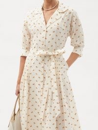 EVI GRINTELA Floral-embroidered cotton-blend poplin shirt dress / womens organic cotton tie waist summer dresses / flared hem