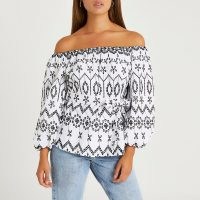 RIVER ISLAND White geo print broderie bardot top / womens floral off the shoulder peasant tops / women’s cotton summer fashion