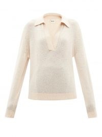 KHAITE Jo V-neck cashmere-blend sweater ~ womens collared open neck sweaters ~ luxe knitwear