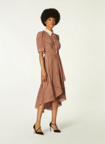 L.K. BENNETT BARABELLA TOBACCO HANDKERCHIEF PRINT SILK DRESS ~ brown vintage style asymmetric hem dresses