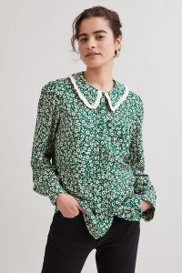 Fresha Ula Shirt Green Motif / vintage style floral print blouse / women’s retro shirts / oversized collar blouses