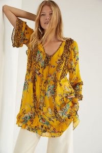 ANTHROPOLOGIE Breezy Sheer Tunic Blouse Yellow Motif / floral tunics / bright boho tops / floaty bohemian fashion