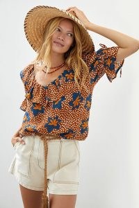 Porridge Ruffled Boat Neck Blouse / mixed print blouses