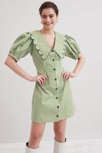 Resume Finley Mini Dress Green / gingham print puff sleeve oversized collar dresses / statement scalloped edge collars