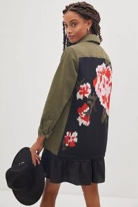 ANTHROPOLOGIE Floral Contrast Denim Jacket in Moss / womens casual green jackets with back print