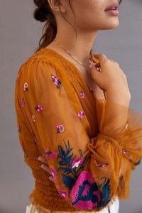 ANTHROPOLOGIE Smocked Tulle Blouse Gold / embroidered floral blouses / semi sheer ruffled blouses / romantic style fashion