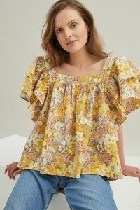 Stella Nova Esi Blouse Yellow / floral layered sleeve blouses / feminine square neck tops / vintage inspired prints