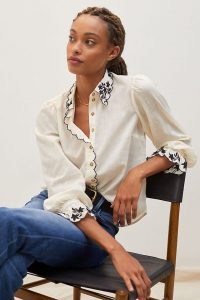 ANTHROPOLOGIE Embroidered Buttondown Shirt / womens feminine scalloped edge shirts