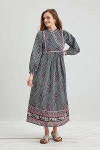 Dilli Grey Nadia Midi Dress Black Motif / long sleeve mandarin neck dresses / women’s organic cotton fashion / floral print clothing