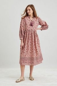 Dilli Grey Bianca Midi Dress in Rose / pink floral print tasseled tie neck dresses / womens organic cotton fashion