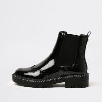 RIVER ISLAND Black chunky brogue boots ~ womens patent faux leather boots ~ pull tab ~ ribbed panel