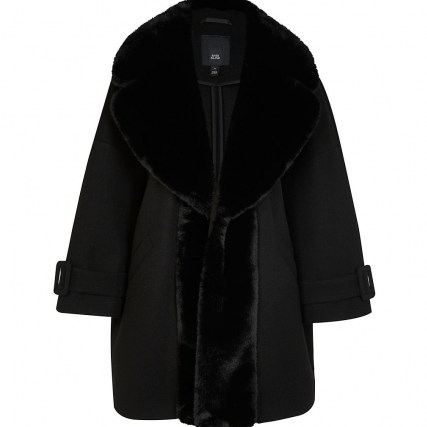 RIVER ISLAND Black faux fur trim coat ~ womens glamorous winter coats ~ women’s oversized fit outerwear