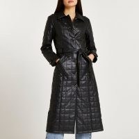 RIVER ISLAND Black faux leather quilted trench coat ~ womens on trend tie waist coats