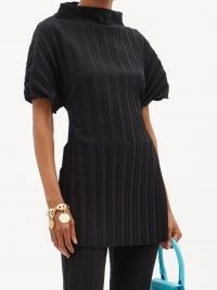 A.W.A.K.E. MODE Pleated high-neck crepe top ~ chic puff sleeve open back tops