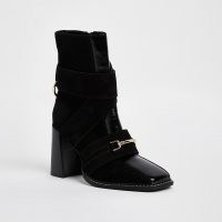 RIVER ISLAND Black square toe heeled boots ~ womens front snaffle detail block heel boot