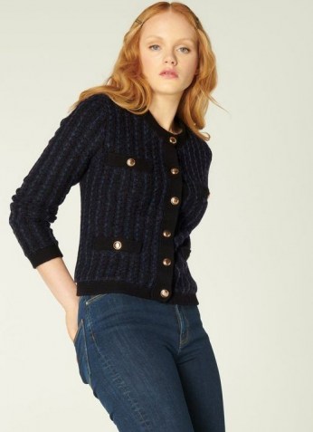 L.K. Bennett BLONDELL NAVY & BLACK CHECK MOHAIR-BLEND CARDIGAN | classic dark blue button detail cardigans | chic textured knitwear