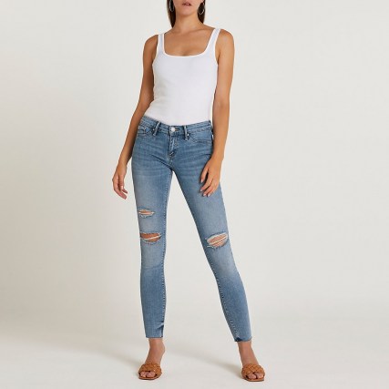 River Island Blue Molly ripped low rise bum sculpt jeans | womens distressed skinnies | women’s denim fashion