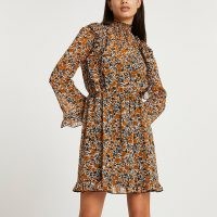 RIVER ISLAND Brown floral print waisted ruffle dress / frill trimmed high neck dresses