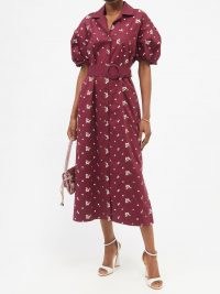 ERDEM Frederick burgundy floral-embroidered cotton-blend dress / ladylike puff sleeve dresses / womens vintage style fashion / feminine outfits