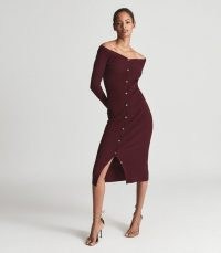 CAMILLE KNITTED BUTTON THROUGH MIDI DRESS BURGUNDY ~ chic bardot neckline bodycon ~ effortless style button through dresses ~ dark red autumn fashion