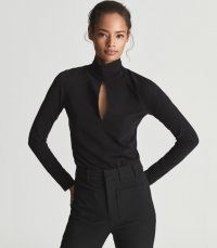 REISS CORRINE HIGH NECK BODYSUIT BLACK ~ chic long sleeve front keyhole cut out bodysuits