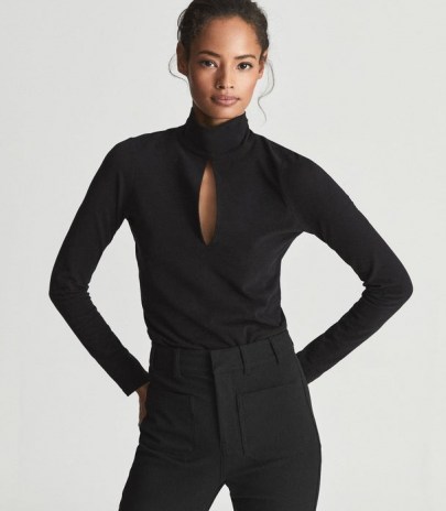 REISS CORRINE HIGH NECK BODYSUIT BLACK ~ chic long sleeve front keyhole cut out bodysuits