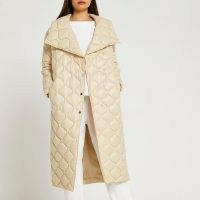 RIVER ISLAND Cream longline quilted coat ~ womens wide collar quilt detail coats