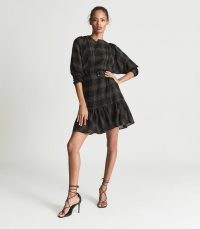 REISS DAISY CHECKED MINI DRESS BLACK ~ check print flippy tiered hem dresses