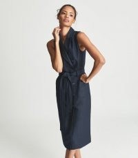 REISS DANA LINEN BLEND MIDI DRESS NAVY ~ chic dark blue sleeveless double breasted dresses ~ tie waist fashion