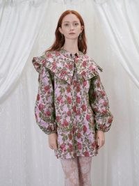 sister jane GRANDMA’S HOUSE Wallpaper Jacquard Mini Dress in Primrose Pink and Fushia- vintage style floral dresses – ruffled oversized collars – large ruffle collar fashion