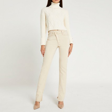 River Island Ecru high waisted straight jeans | asymmetric waist detail | womens on trend denim fashion | split hem