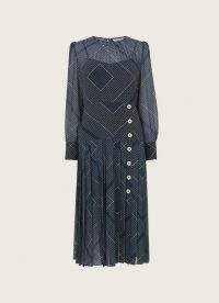 L.K. BENNETT ELENA NAVY HANDKERCHIEF PRINT PLEATED DRESS ~ dark blue semi sheer occasion dresses ~ elegant fashion