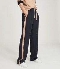 REISS FRAZER WIDE LEGS TROUSERS WITH SIDE STRIPE NAVY ~ women’s chic jogger inspired trouser ~ womens stylish jogging bottoms ~ sportswear style fashion