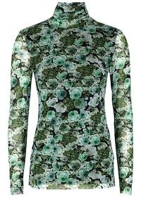 GANNI Green floral-print stretch-tulle top / long sleeve, high neck form fitting tops