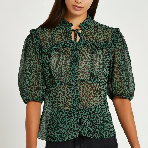 River Island Green animal print tie frill top – sheer high neck blouses