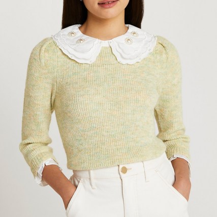 River Island Green pearl embellished collar knit top | vintage style oversized collar jumpers | knitted tops with collars | feminine knitwear