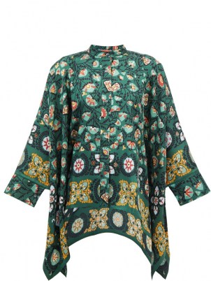 LA DOUBLEJ Scarf-hem Suzany-print silk blouse in green | vintage inspired flowing handkerchief hem blouses | womens floaty floral retro tops