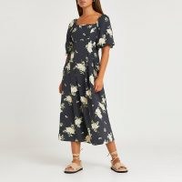 RIVER ISLAND Grey floral print midi dress / square neck puff sleeve dresses