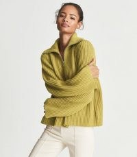 REISS JANETTE RIBBED ZIP NECK JUMPER GREEN ~ womens rib knit pullover jumpers